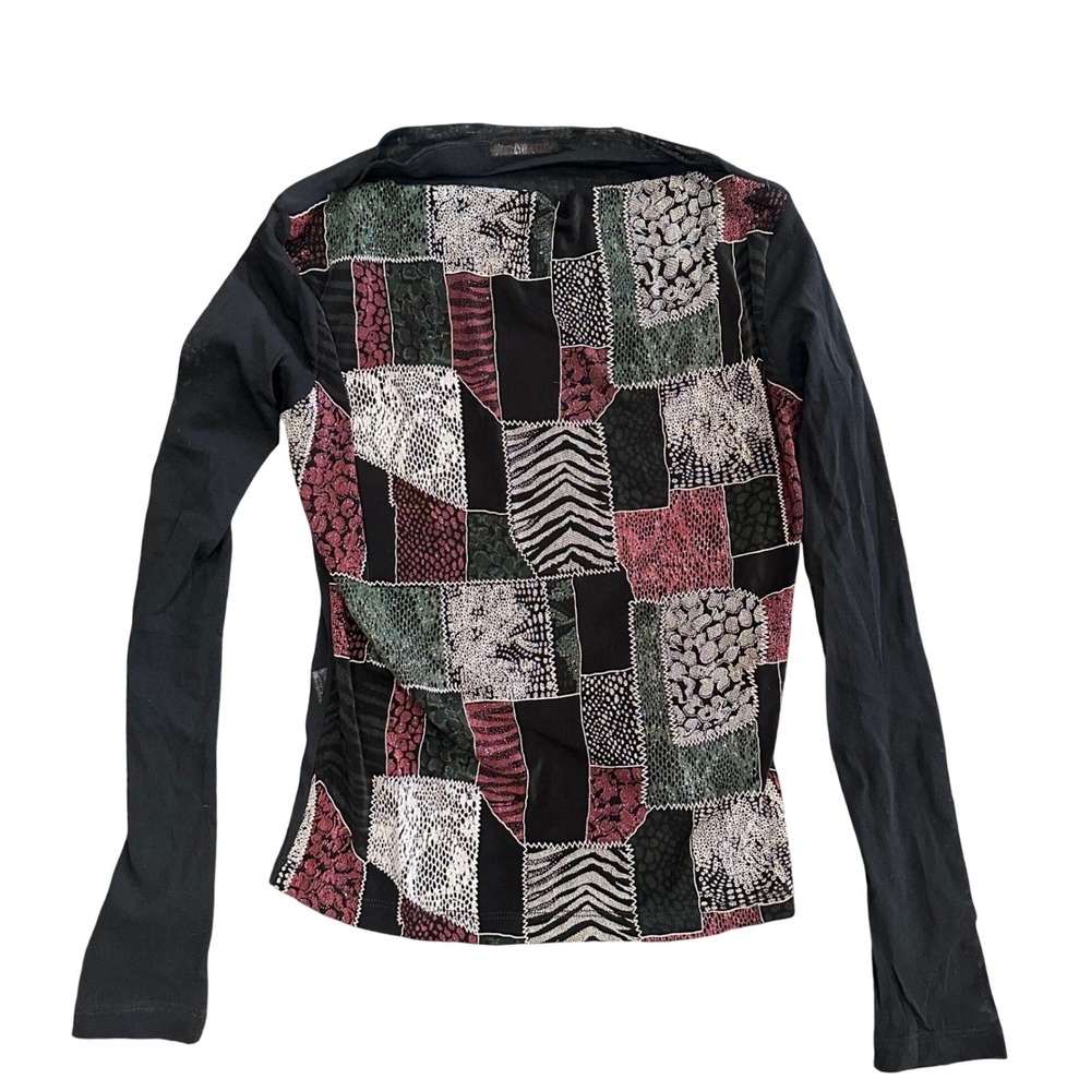 OXYHO Womens Patchwork Animal Print Long Sleeve Mesh Top Black Multicolor Y2K